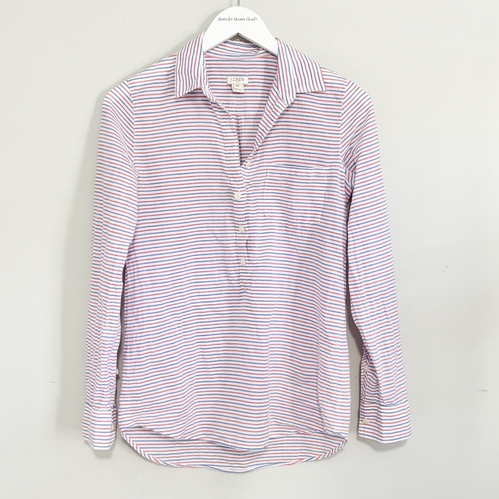J CREW FACTORY Women’s Red White Blue Stripe Roll Tab Sleeve Popover Size XS